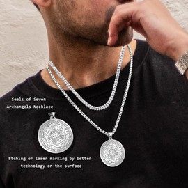 FLYUN Layered Seven Archangels Pendant Necklace For Men Protection Amulet Archangel Michael Necklace Gabriel Uriel Spiritual Stainless Steel - 18K Gold Silver Black Chain Necklace (Steel,50CM,55CM)