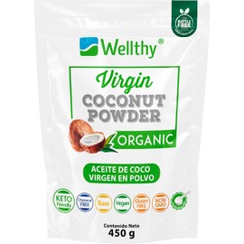 Wellthy Aceite de Coco Virgen en Polvo 450g. Keto, Raw, Vegano, Gluten Free, Chemical Free, NON GMO, Scoop Incluído, Bottle Free.