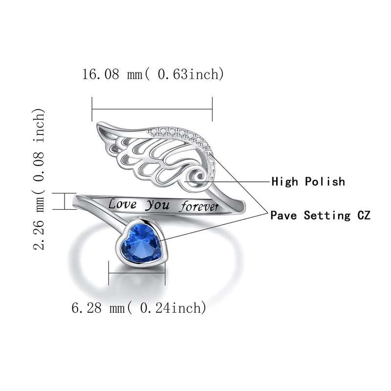 Birthstone Wing Rings Sterling Silver Adjustable Feather Heart Month Stone