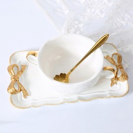 Ciieeo Vintage Decorative Towel Tray Storage Dish Fruit Trays Rings Bracelets Earrings Holder Tray Cosmetics Jewelry Organizer Retro Design Bow-Knot Resin Plate White