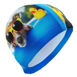 Dallonan Swimming Cap Summer Time Funny Dog and Yellow Duck Unisex Adult Swim Cap Polyester
