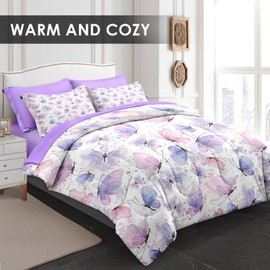 Pamnest Comforter Set Twin Size, Cute Lilac Pink 5 Pcs Bedding for Kids and Adults, Butterfly Cat Purple Bed Sheet Sets with Fitted Sheet Pillowcase & Sham for Bedroom Bed Decor