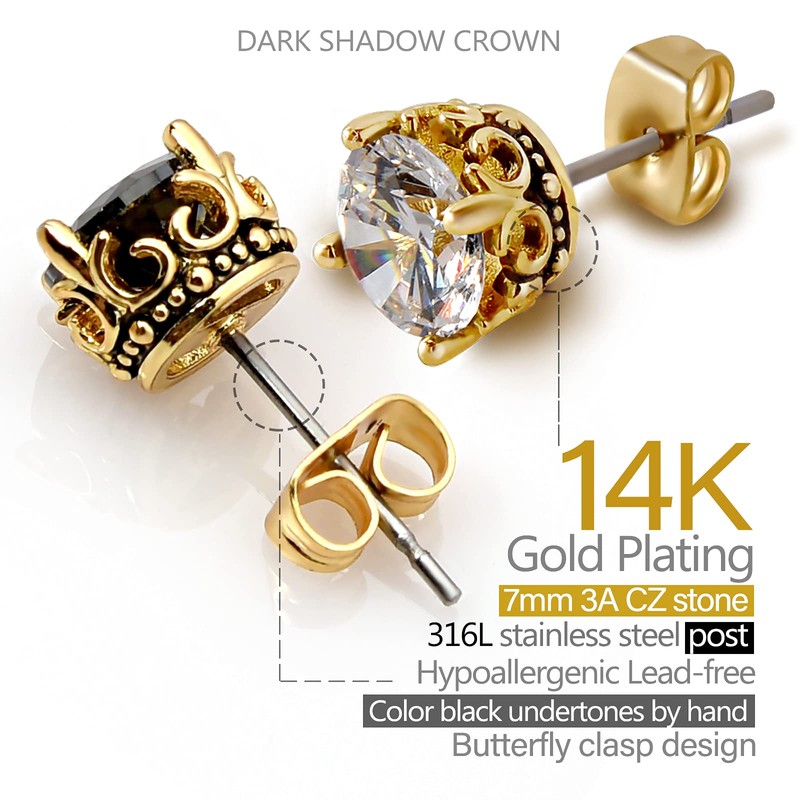 KZZENKI Crown Gold Earrings for Men Black and Gold Stud