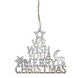Christmas Wooden Merry Christmas Hanging Sign with Reindeer and Snowflake design (Silver Glitter 7949)