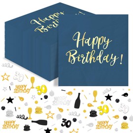 40 Pieces Blue Gold Birthday Napkins + 30th Birthday Confetti Gold Black 15g, 30th Happy Birthday Napkins Confetti Set Birthday Party Table Decorations