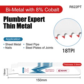 EZARC Reciprocating Saw Blade Bi-Metal Cobalt Sabre Saw Blades for Thin Metal Cutting 150mm 18TPI R622PT (5-Pack)