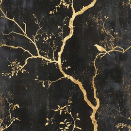 LaiTique Black and Gold Wallpaper – Tree Peel and Stick Wallpaper, Self-Adhesive Vinyl with Elegant Branch and Bird Design for Luxe or Art Deco Decor, 17.7in x 118in
