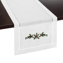 Brio Trends Holly Garland Embroidered White Christmas Table Runner - Ideal for Christmas Decor, White Christmas Decorations, Winterberry Holiday Decor and Winter Farmhouse Decor (14 x 108 Inches Long)