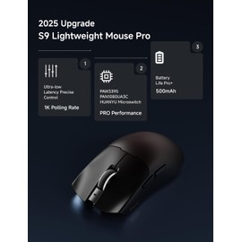 EWEADN S9 Wireless Gaming Mouse, 59G Ergonomic Computer Mouse, Triple Modes, 8K Polling, 26K DPI, PAW3395 Optical Sensor, Huanyu Switch, 250h Battery Life, Programmable for PC/Win/Mac(Black)