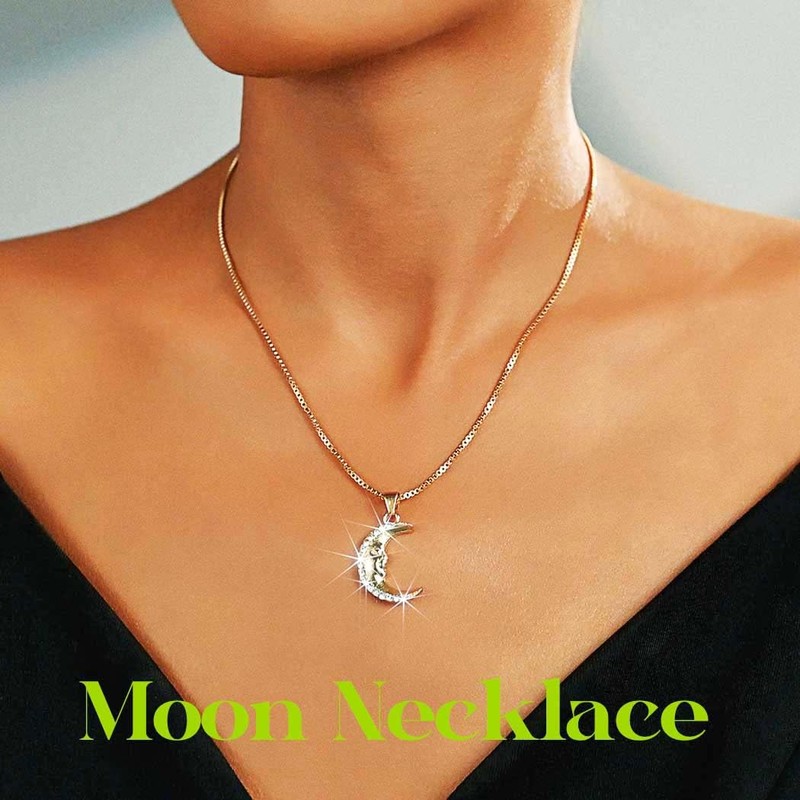 JAKAWIN Rhinestone Moon Face Necklace Gold Sparkly Pendant Necklaces Dainty