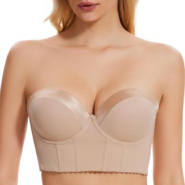 SEA BBOT Women Push Up Strapless Bra Anti-Slip Longline Padded Add Cup Bra Dark Beige 36C