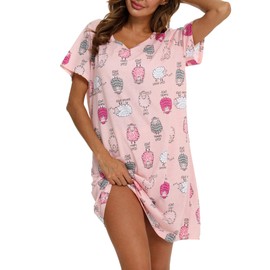 MIA LUCCE Women's Short Sleeve Nightdress with Cute Prints with Crew Neck, Sheep