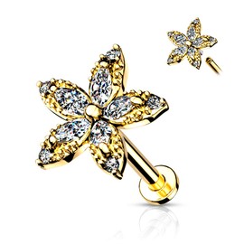PiercedOff Gold Tone 316L Surgical Steel Labret with Marquise Clear CZ Flower - Length 8mm Width 1.2mm