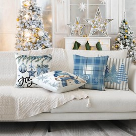 Miaikoe Christmas Cushion Covers 50 x 50 cm Set of 4, Decorative Farmhouse Snowman Joy Faith Christmas Tree Blue Cushion Covers for Winter Holiday Home Decor Decoration