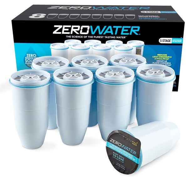 ZeroWater Official Replacement Filter - 5-Stage Filter Replacement 0 TDS for Improved Tap Water Taste - System NSF Certified to Reduce Lead, Chromium, and PFOA/PFOS, 8-Pack