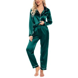 Pjmlifecoco Women Silk Satin Pajamas Set Long Sleeve Bride Pajamas Button Down Pjs Soft Loungewear Dark Green