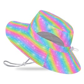 MHJY Grils Sun Hat Kids Summer Hats Bucket Hat UV Protective Swim Beach Hat Rainbow Toddler Adjustable Chin Strap Cap Neck Protection 2-8 Years