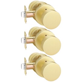 EHOMEWARE 3 Pack Brushed Brass Door Knob, Interior Door Knob for Bedroom/Bathroom, Keyless Privacy Door Lock, Heavy Duty Round Design, Fit Both Left and Right Handed Doors