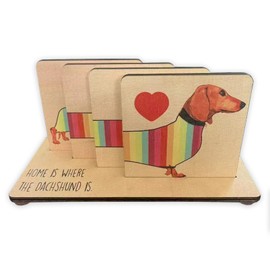 Hunken Dachshund Wooden Coasters Set with Holder, Cute Animal Shaped Drink Coasters, Handmade Table Protectors for Home and Office for Hot & Cold Drinks, Unique Dachshund Decor