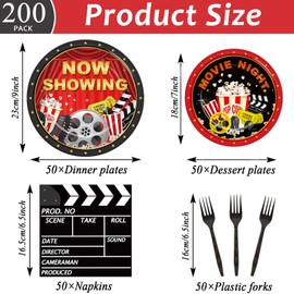 200pcs Movie Night Party Supplies Decorations Movie Popcorn Theme Paper Plates Napkins Now Showing Red Carpet Disposable Tableware Set for Birthday Party Favors Serve 50