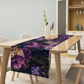 Gothic Flower Table Runner, Watercolor Vintage Dark Purple Floral Romantic Flower Blooming Table Runner for Home Kitchen Dining Table Decor, 13x36inch