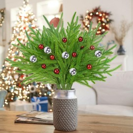 Miyukyee 8 Pcs Artificial Pine Branches Fake Greenery Norfolk Pine Picks 17 '' Artificial Christmas Berry Stems Xmas Pine Needles for Holiday DIY Crafts Flower Arrangements Decoration