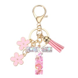 [PATIKIL] Alphabet Initial Letter Key Chain Tassel Flower Letter T Pendant Decoration Resin Cute Key Chain for Women Key Purse Handbag Bag Accessories Pink, Pink