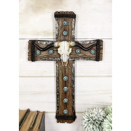 Ebros Gift Rustic Western Turquoise Suns With Longhorn Bull Cow Skull Wall Cross Decor Plaque Vintage Design Hanging Sculpture 12" High Catholic Christian Inspirational Accent Decorative Crosses