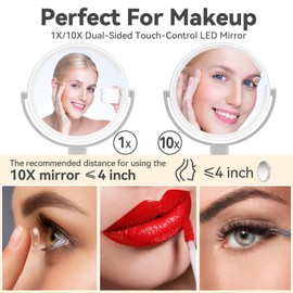 SANYCASA Makeup Mirror with Lights, 10X Magnifying Mirror & 3 Color Modes, 8" Double Touch Height Adjustable Vanity Mirror with Type-C Fast Charge, Travel Mirror for Bathroom, Gifts for Women, White