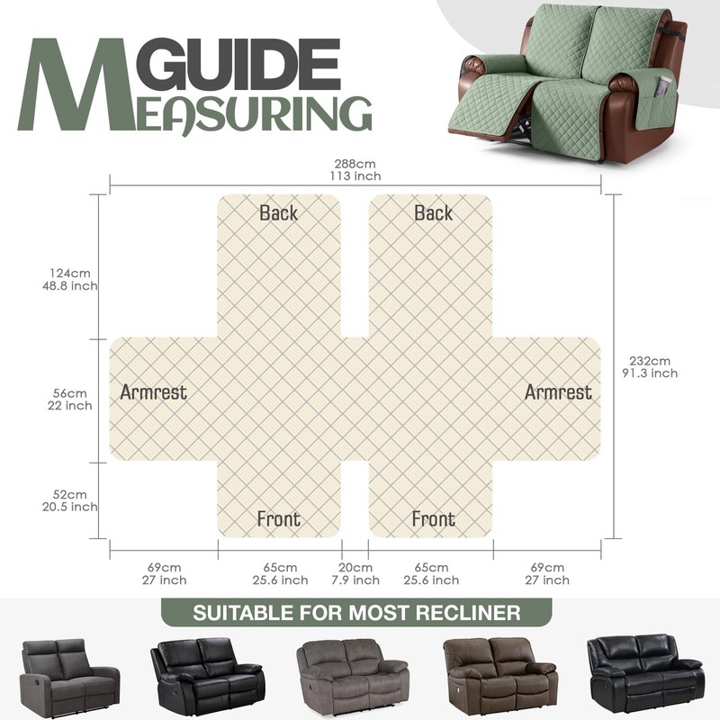 KinCam Waterproof Loveseat Recliner Cover, Non-Slip Reclining Couch Covers for