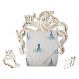 Decorative Cast Iron Octopus Toilet Paper Holder – Wall Mounted Kraken Bathroom Accessory – Nautical Style – Includes Screws and Anchors – Rust White
