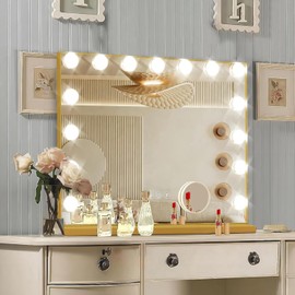 Ratsamee Gold Hollywood Vanity Mirror with Lights, 15 Dimmable Bulbs, 3 Color Lights,Make Up Lighted Mirror, Aluminum Metal Frame, USB Charging Port（23" x 18"）