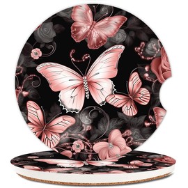 Ceramic Cup Holders Car Coasters for Women/Men,Cute Absorbent Drink Cup Car Holder Coasters with A Finger Notch 2.56" Pack of 2,Beautiful Pink Butterfly Rose