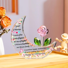 Ornalrist Happy 1st Wedding Anniversary Romantic Gifts for Wife Her Couples Glass Paperweight Moon-shaped Keepsake Etched 1 Year of Marriage Presents
