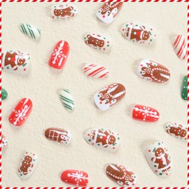 Christmas Press on Nails Medium Almond Gingerbread Man Snowflake Fake Nails, Candy Cane Press on Nails Gel Acrylic Nails Glue Stick on Nail Tip Reusable Natural Fit Winter False Nails Kit