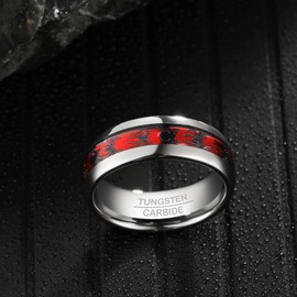NUNCAD 8mm Red Silver Rings for Men Women Tungsten Wedding Ring with Black Spider Pattern Inlay Size O