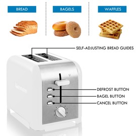 Kenmore toaster 2 slice - extra wide slot countertop kitchen appliance, defrost function, tostador de pan, 9 shade settings, easy clean crumb tray, bread bagel, stainless steel & White