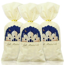 Eid Mubarak Cellophane Bags, Pack of 50, Ramadan Mubarak Cellophane Bags, Candy Bags with Twist Ties, Eid Moon Lock Plastic Bags, Cookie Bags for Islamic Muslim Eid Mubarak Party