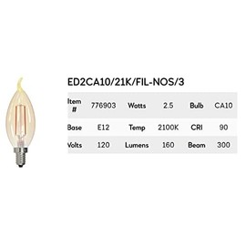 Bulbrite (Pack of 10) 776903, 2.5W LED Amber Light Bulb, Flame Tip, CA10 2100k Filament Nostalgic E12 Candelabra Base for use in Chandeliers and sconces Fully Compatible Dimming