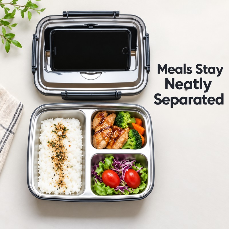 3-Compartment Stainless Steel Bento Lunch Box – Leak-Resistant Reusable Meal