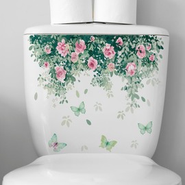 Green Leaves Pink Flowers Toilet Cover Sticker Decals,Butterfly Rose Flower Leaf Waterproof Toilet Lid Tank Seat Decals Cistern Self-Adhesive Bathroom Wall Sticker