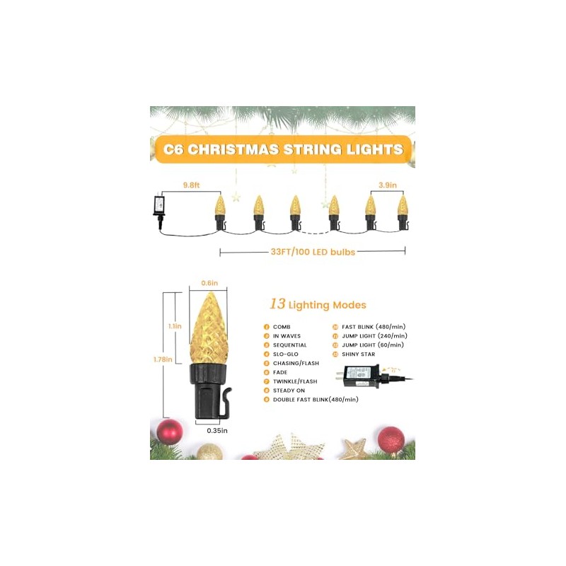2 Pack C6 Christmas Lights Outdoor Indoor, Total 200 LED