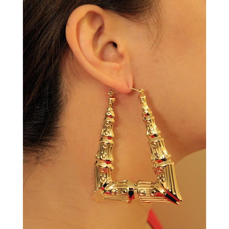 Gold Tone Hollow Casting Triangular Bamboo Hoop Earrings, 2 Inches