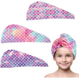 MADHOLLY - Toalla de pelo de microfibra de secado rápido para niños y mujeres, paquete de 3 toallas de pelo suaves superabsorbentes con botón, turbante antifricción para cabello largo y rizado más