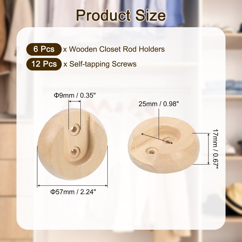 sourcing map 6Pcs Wooden Closet Rod Holders, Wardrobe Rod Brackets