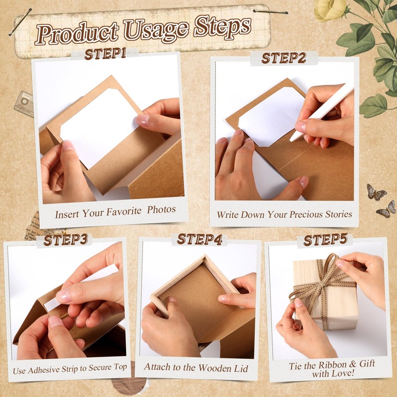 Mini Wooden Pull out Photo Box, DIY 2x3 Album,20 Photos,Natural