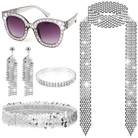 HOWAF HOWAF 5 Disco Accessoires 70er Jahre Kostüm Glitzer Haarbänder Disco Haarband Sonnenbrille Strass Halskette Pailletten Ohrringe Armband 70er 80er Jahre Fasching Karneval Kostüm Cosplay Costumes