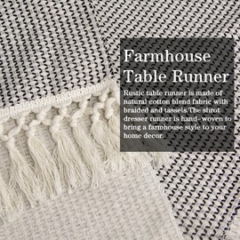 Boho Table Runner Short 14 x 36 inches, Rustic Farmhouse Black and Cream Dresser Runners Scarf for Bedroom, Nightstand, End Table, Woven Coffee Table Cover, Spring Home Decor with Tassel