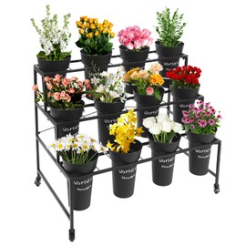 YIYIONCE Flower Display Stand with 12 Pcs Buckets 3 Layers Flower Bar Stand Flower Cart Display Stand with Wheels Florist Bouquet Shelf Flower Buckets Rack for Garden Florist-Black Buckets with Words| US STOCK