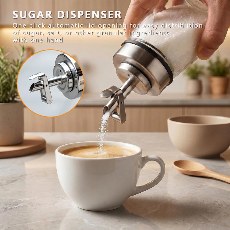 2 Pack Airtight Glass Sugar Dispenser, 6 Oz Auto Pour
